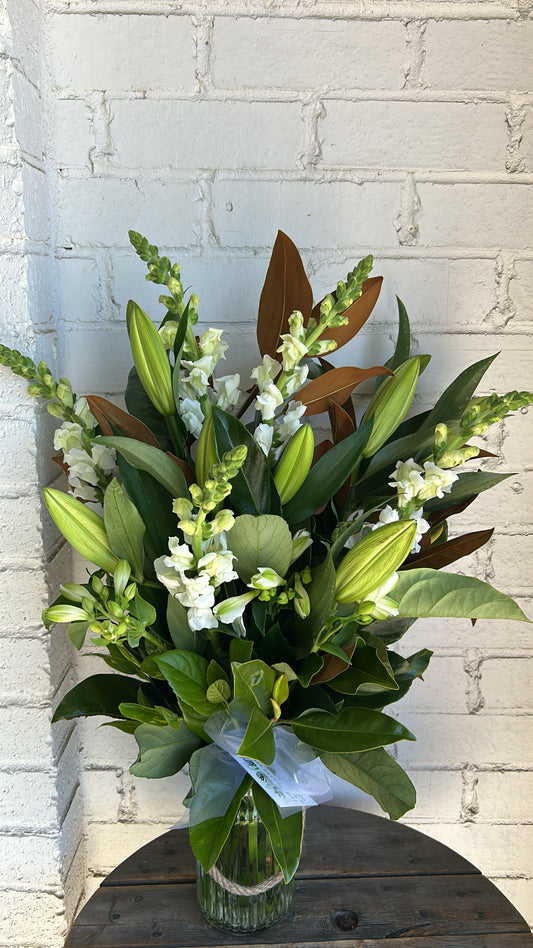 luscious whites and greens in a vase